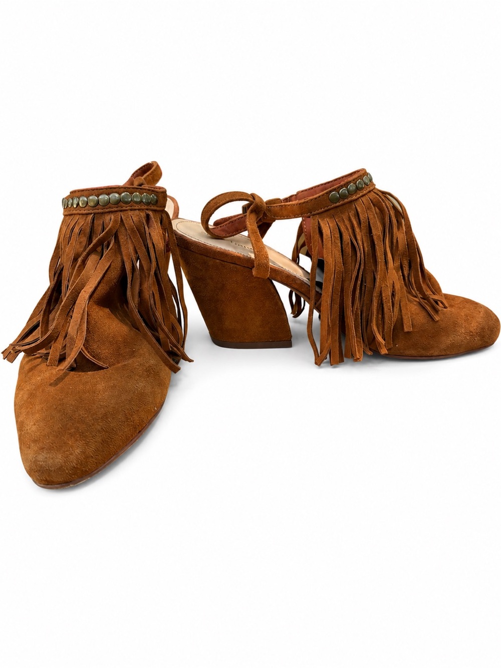 Kelsi Dagger Brooklyn "Carousel" suede fringe mules/heels